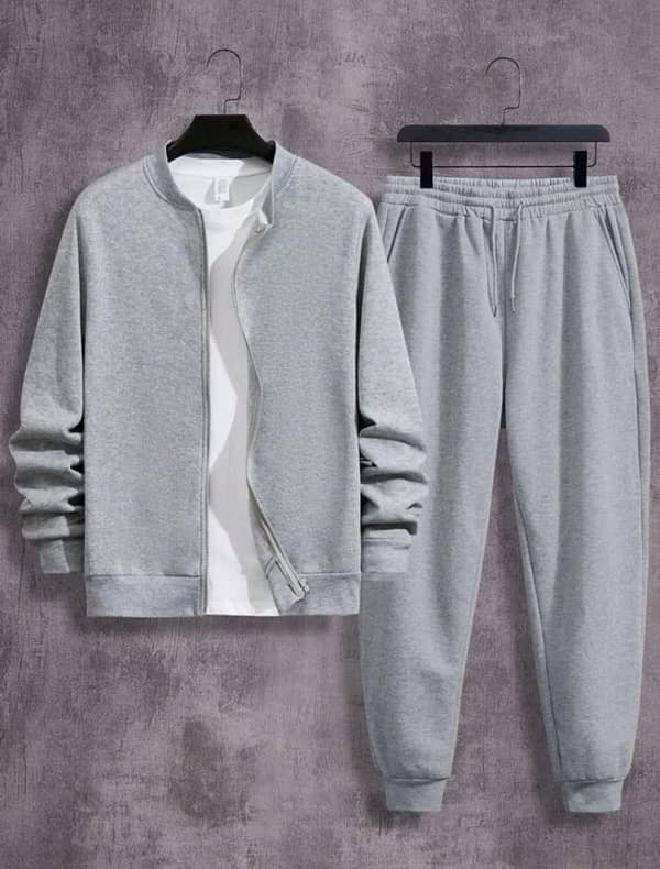 2 pcs men’s fleece plain zipper track suit 0