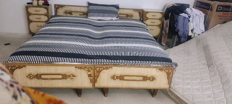 2 single bed set with mattress , 2 side table and 1 dressing table 2