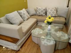 L shape sofa set with glass table and 4 stool