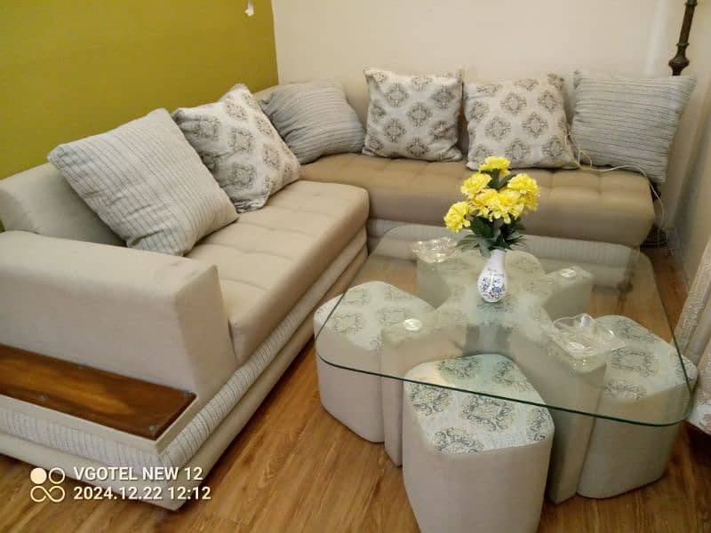 L shape sofa set with glass table and 4 stool 0