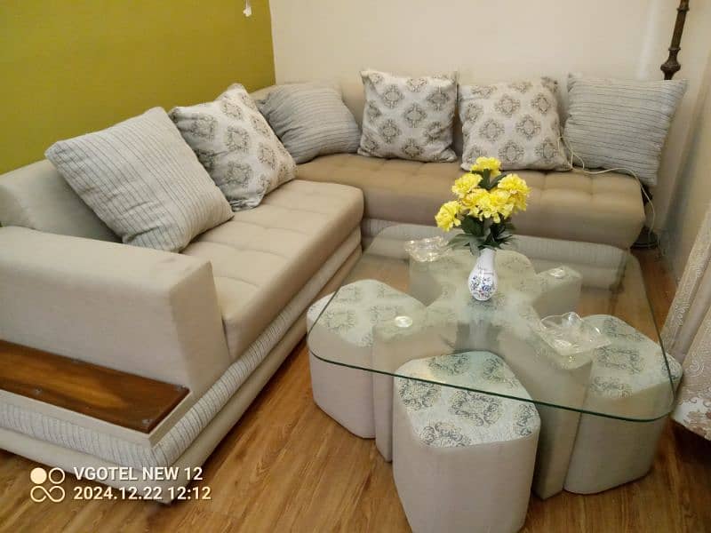 L shape sofa set with glass table and 4 stool 1