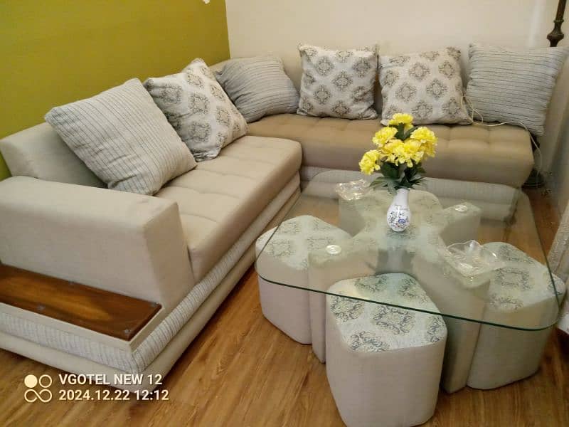 L shape sofa set with glass table and 4 stool 2