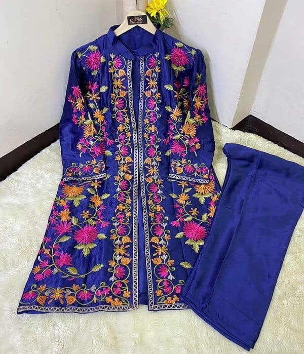 3 Pcs Beautiful Embroidery Suit Shamose Silk With Round Neck 4