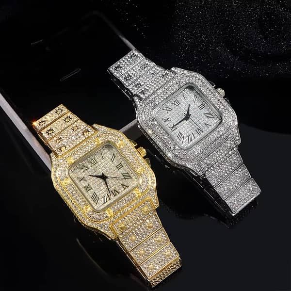 1pcs Fashion Business Calendar Men's Full Diamond Black Quartz Watch 3