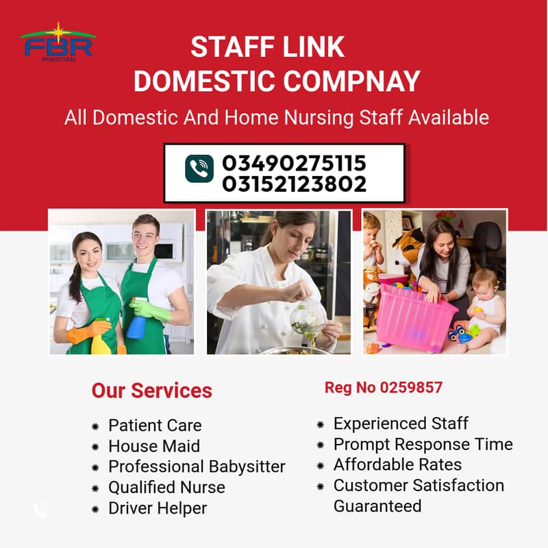 Domestic staff we Provide ,Maids, Babysitter, Cook, Attendent staff 0