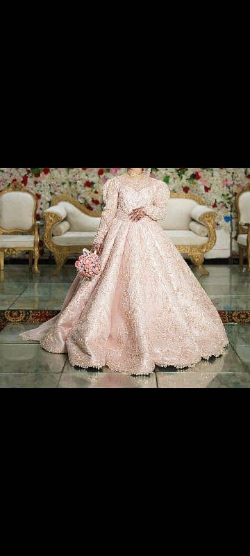 heavy formal ball gown dress for bridal in peach pink color 0