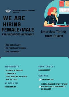 we are hiring [males and females ] for the post of CSR