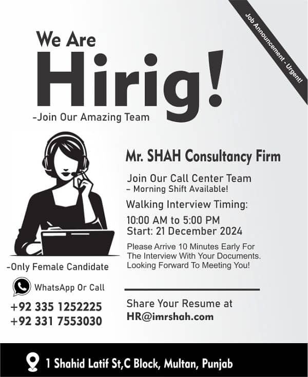 we are hiring female staff for Urdu call center 0