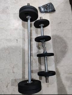 dumbbells and rubber plates with dumbbell rods and bicep rod