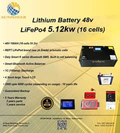 Lithium Battery LiFePo4 48v 100ah (16cells, 51.2v)