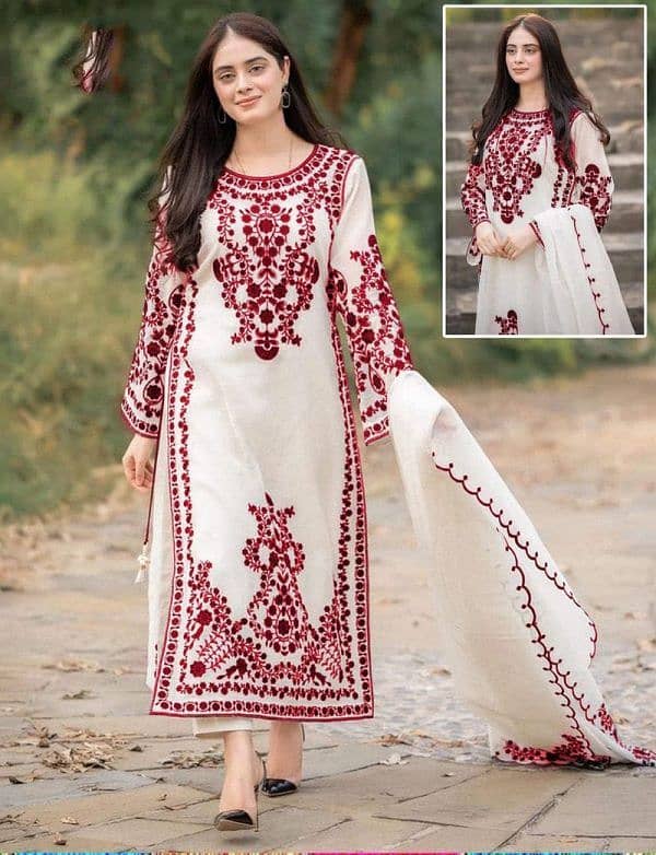 3 Pcs Beautiful Embroidery Suit Shamose Silk With Round Neck 18