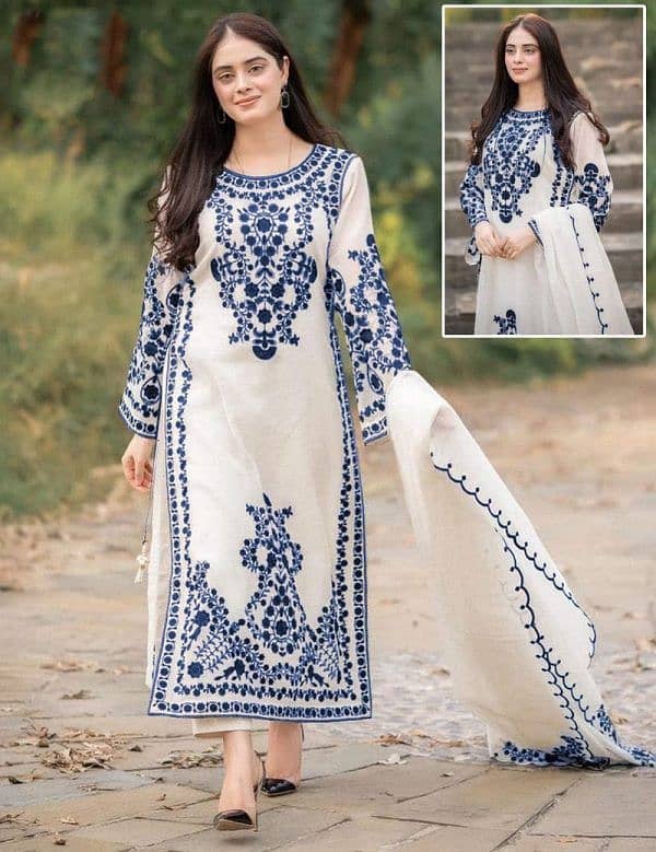 3 Pcs Beautiful Embroidery Suit Shamose Silk With Round Neck 19