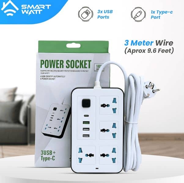 Three shoo lead  with 4 meter wire 4 univesal sockets 3 usb & 1 C-type 0