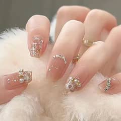 Crystal Pearl Fake Nails with Glue DIY Art Design