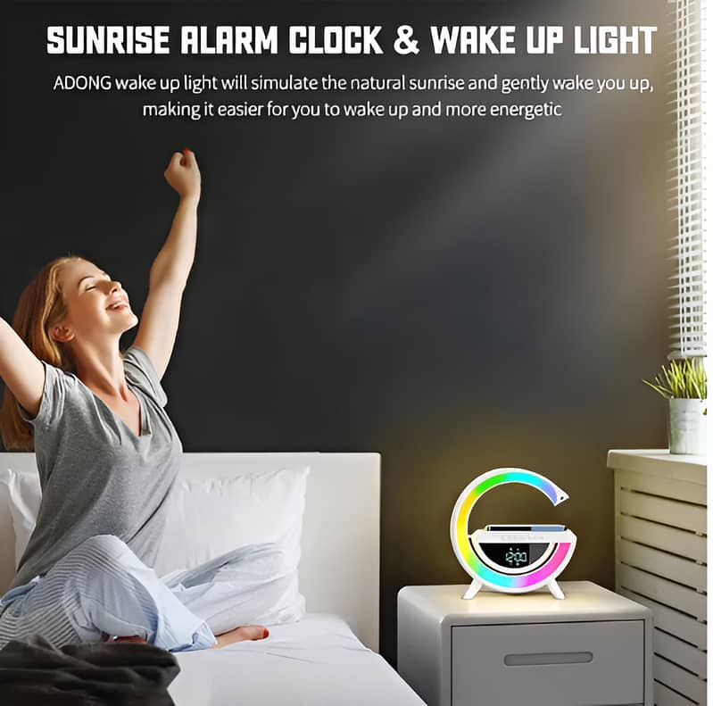 G Shaped Lamp. Features Alaram+Clock+Fm radio+Wireless Charging+Speake 3