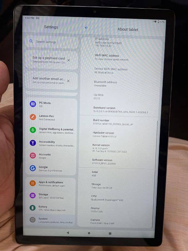 Lenovo A101LV 7500 mAh battery 11 inch 11 android.  4 GB ram 64 GB 4