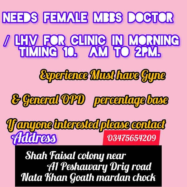 Need MBBS Female Doctor for Clinic 0