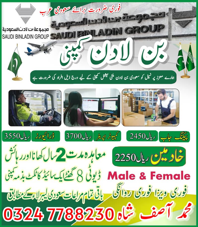 Jobs For male And female, Vacancies in Saudia, Need Staff , Work Visa 0