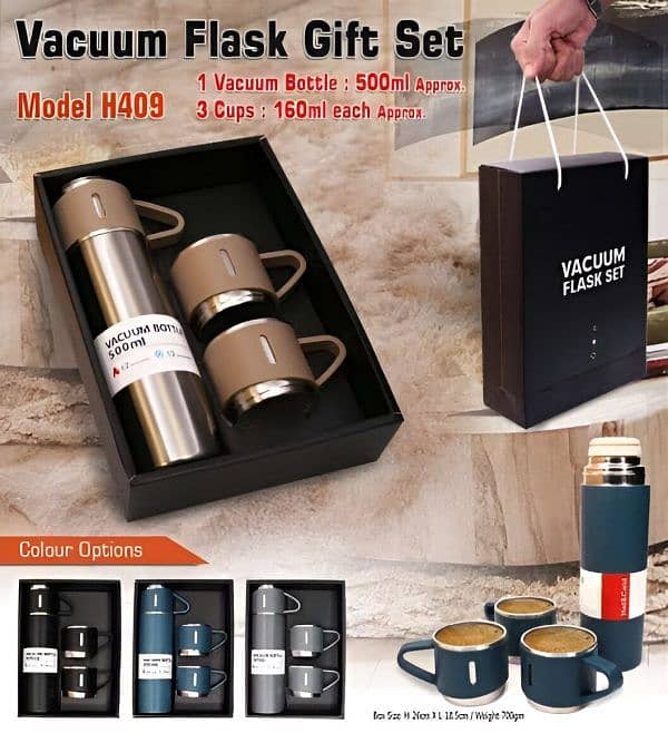 Stainless Steel Vacuum Flask Set – 500ml With 3 Cups 1