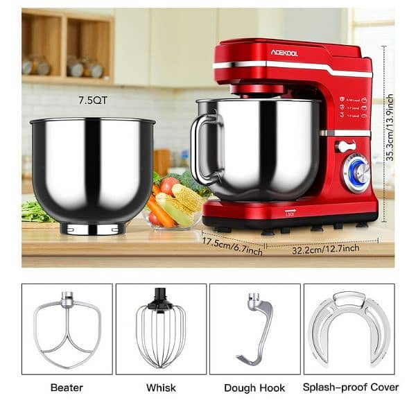 7.5Qt Stand Mixer, Acekool 660W 10 Speed Kitchen Dough Mixer, Red 2