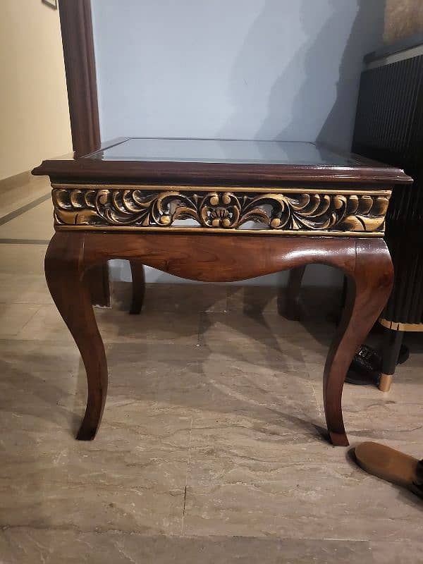 wooden Carved centre Table set of 3 with glass top 3