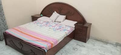 wooden bed, side tables, dressing table & showcase for sale