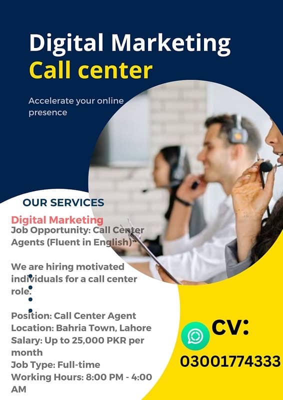 Call center job fluent in english bahria town lahore 0