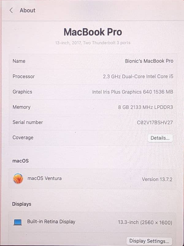 Macbook pro 13 (2017) 8/128 4