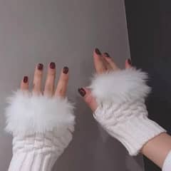 2 Pcs off white Embroidered Wool Finger less gloves for womens