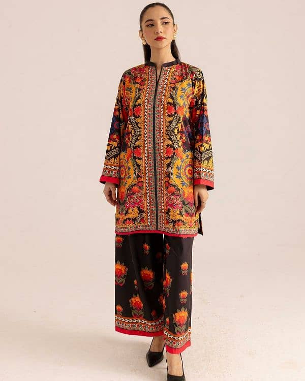 stylish printed khaddar shirt and trouser set - 2 pcs 2