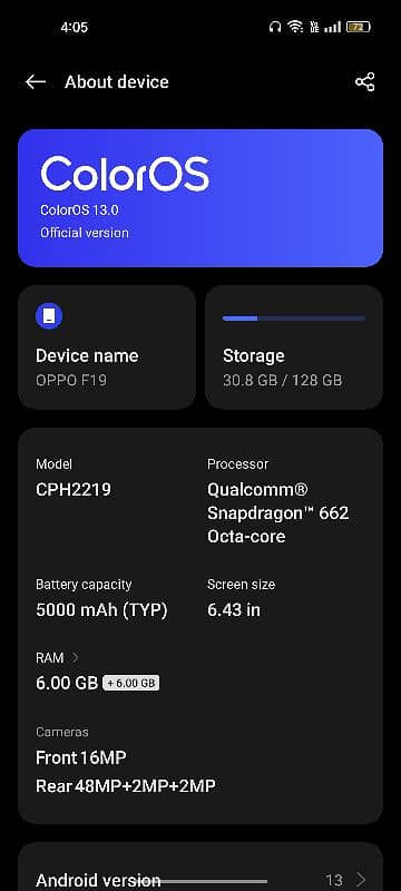 oppo f19 6+6 12gb rm 128gb rom 1