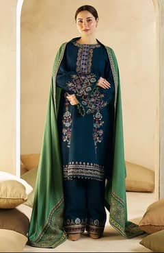 3 Pcs Women's Unstitched Dhanak Embroidered Suit