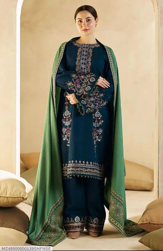 3 Pcs Women's Unstitched Dhanak Embroidered Suit 1