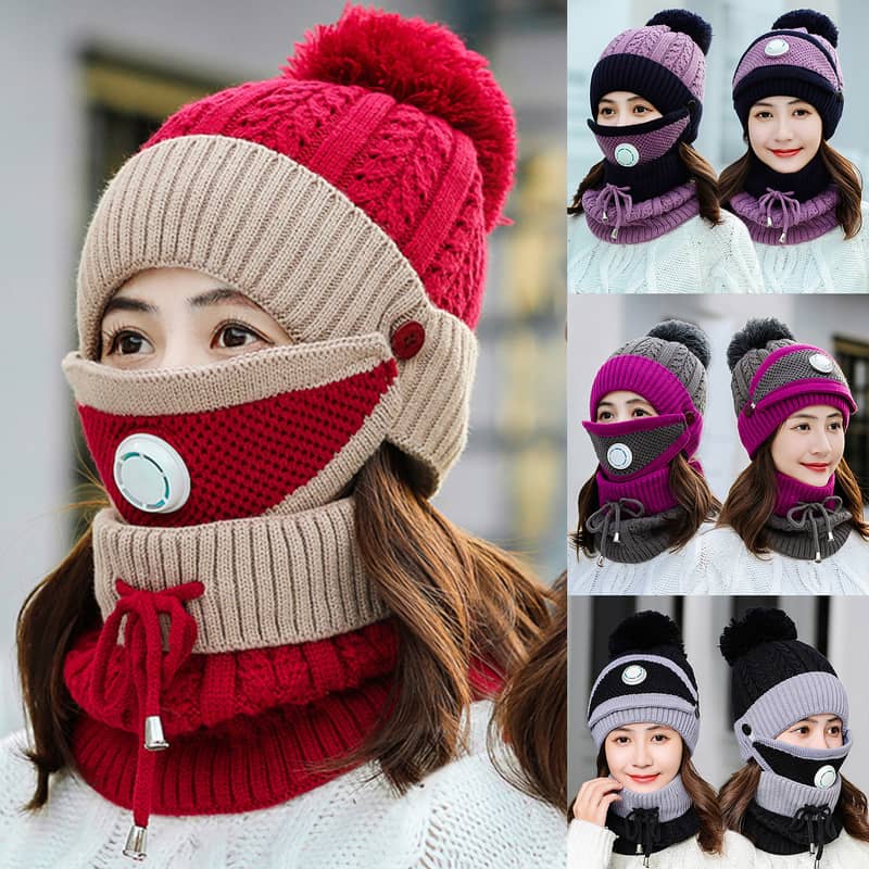 Knitted Cap Neck Warmer Winter Hat Woolen Winter Cap + Face Mask 1