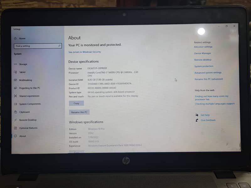 HP Core i7 5th generation 256SSD RAM 8gb 3