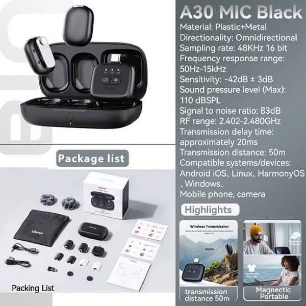 Wireless mic Ulanzi A30 Vloging podcast lavliver dual mic 3