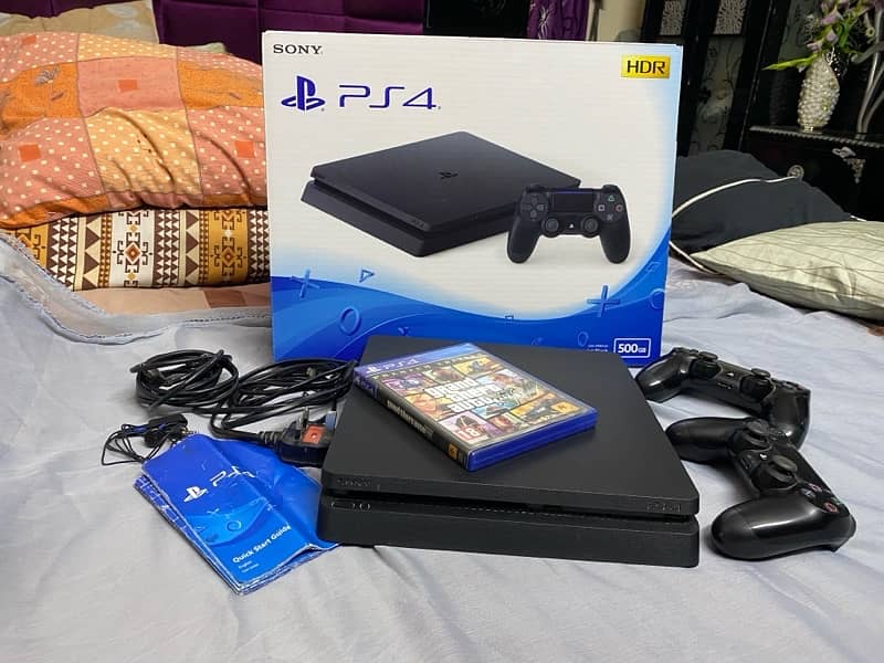 PS4 Slim 500gb (Sealed) with Box + 2 Original Controllers + GTAV 0