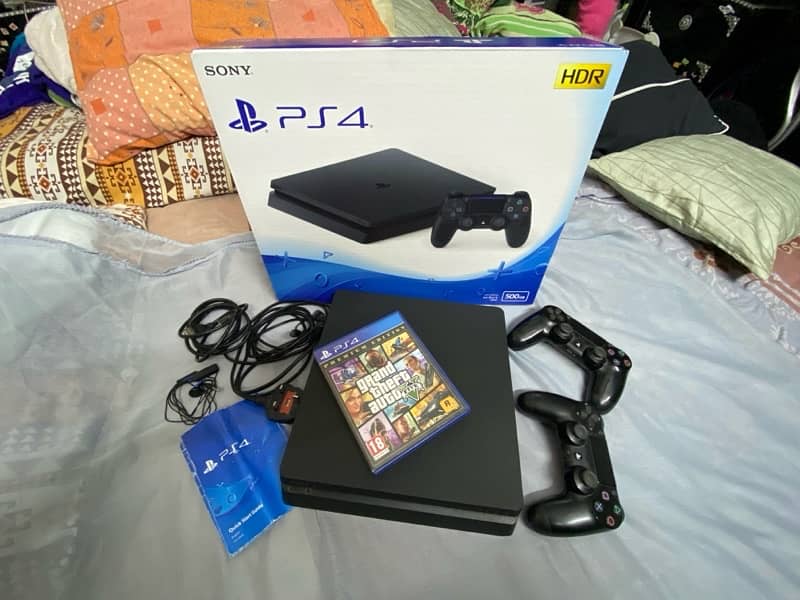 PS4 Slim 500gb (Sealed) with Box + 2 Original Controllers + GTAV 1