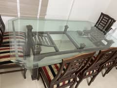 8 Chair Wooden Glass Dining Table with wooden frame and new baby chair