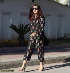 2 Pcs Women’s Stitched linen Black Printed Suit