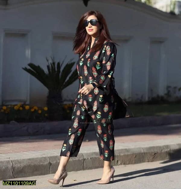 2 Pcs Women’s Stitched linen Black Printed Suit 0