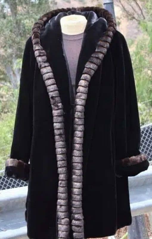 80s Black Faux jacket with hood and faux mink trim large (gallery/80s) 2