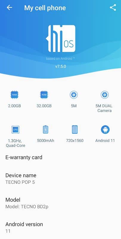 Tecno pop 5.2/32gb pta approved 5000M. AH battery 4