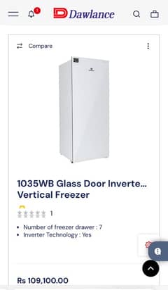 Dawlance 1035WB Glass Door Inverter Cloud White Vertical Freezer