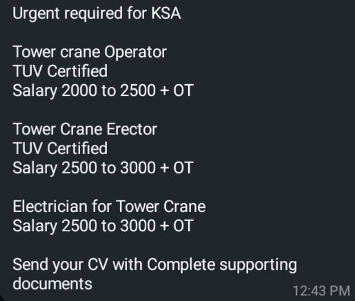 urgent required for Saudia arabia 1