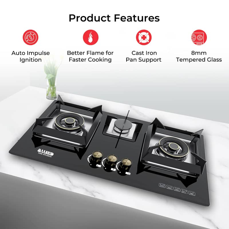 Premium Tempered Glass 3-Burner Built-in Hob | Allied Home Appliances 2