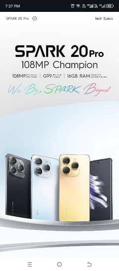 techno spark 20 pro 8+8 256  golden color