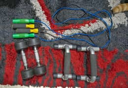 gym equipment- pushup bars, skipping ropes, 2 kg dumbells