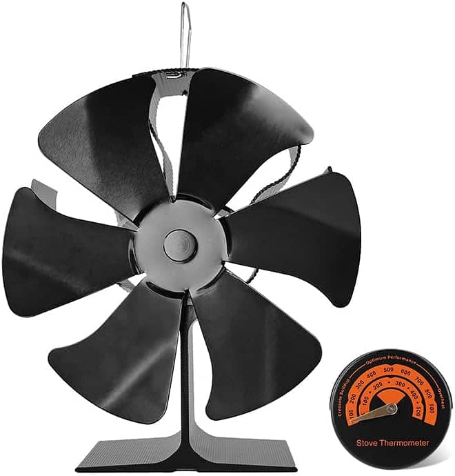 Stove Fan Heat Powered with Thermometer 6-Blades Fireplace fan 6