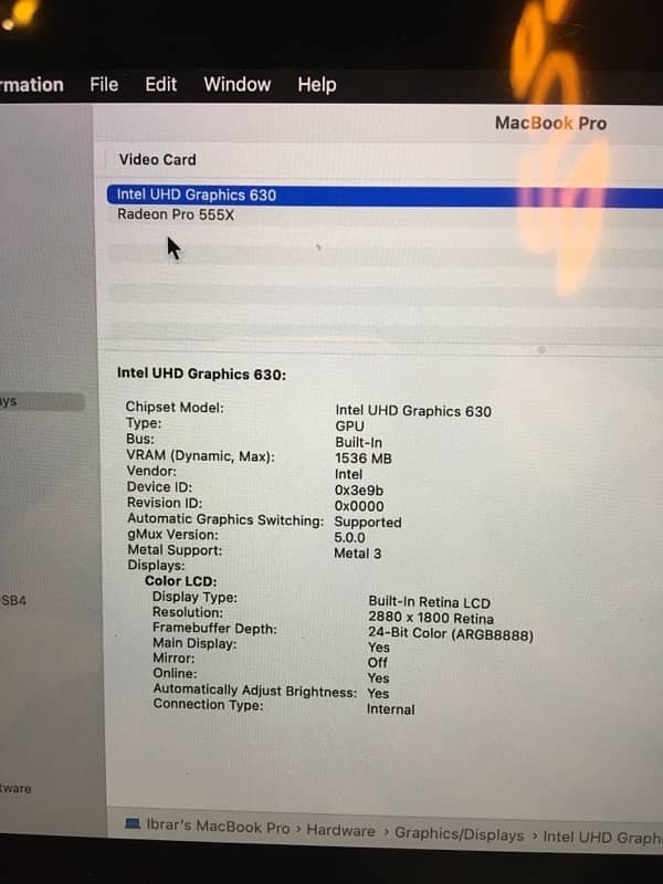 MacBook Pro 2018 15inch 4gb dedicated graphic card 4